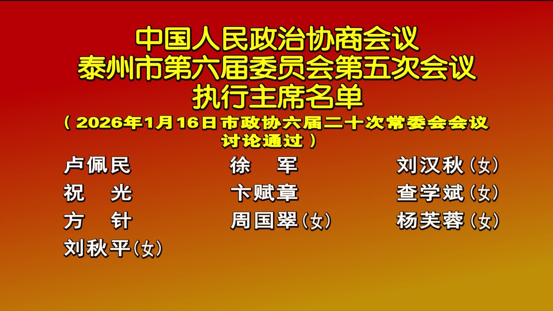 市政协六届五次会议执行主席、秘书长、副秘书长、决议起草委员会名单